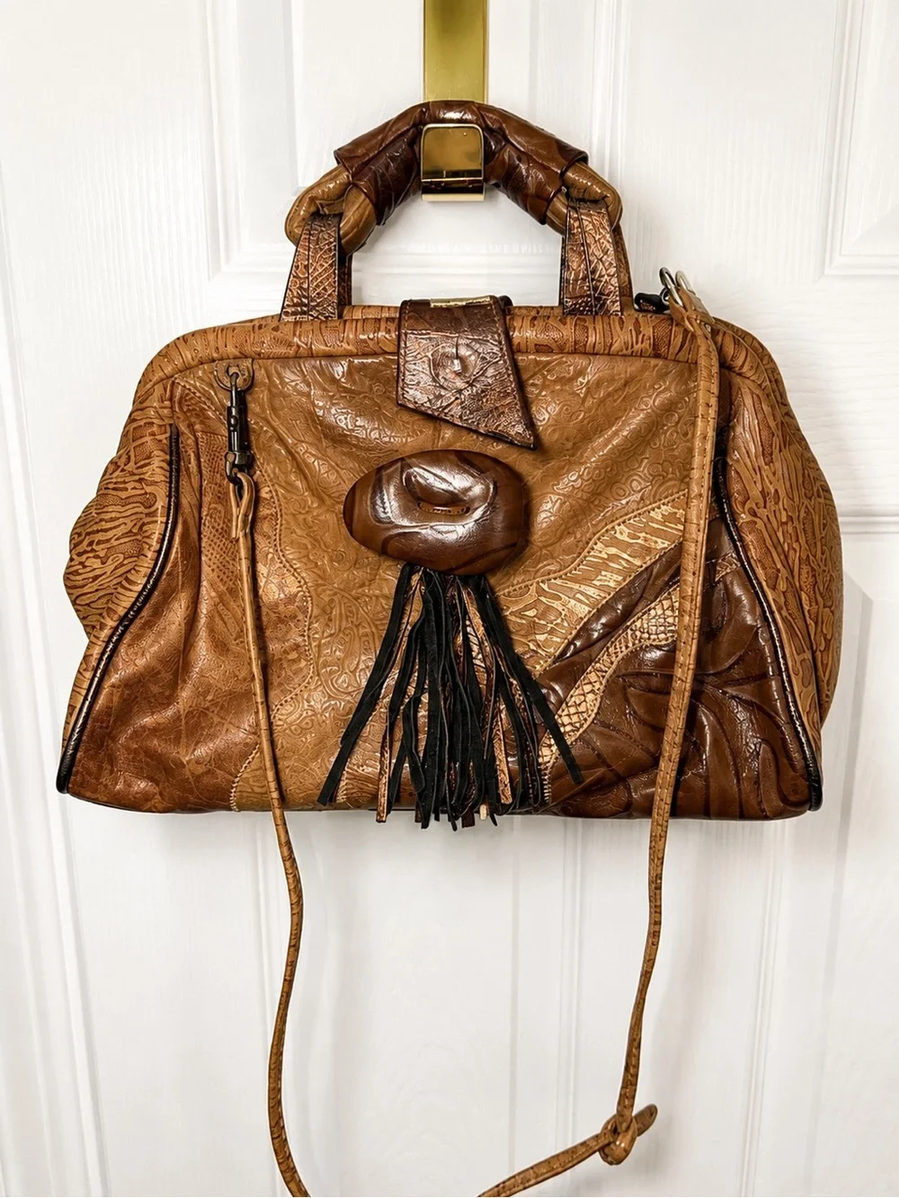 Vintage Brown Patchwork Leather Satchel Bag Tassel Crossbody